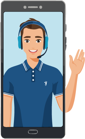 Illustration Telefonassistent Peter, I-Phonedisplay mit Person im blauen Poloshirt und Headset