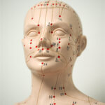 Nahaufnahme des Kopfes eines menschlichen Modells mit roten Akkupunkturpunkten, Linien und Zahlen